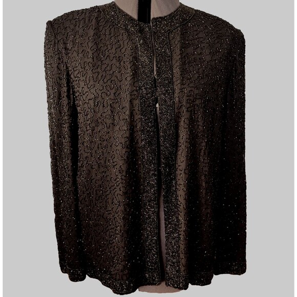 VTG Black Tie Silk Marina  Beaded Sequence Jacket ‎ XL/1X Beautiful! - Picture 2 of 12
